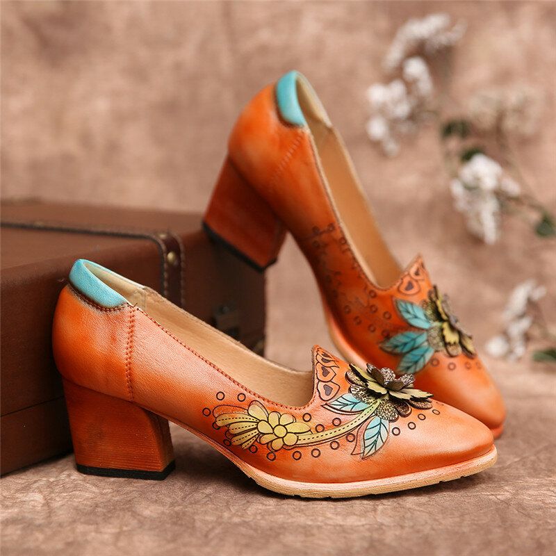 Socofy Retro Splicing Floral Leather Slip On Block Heel Pumps Chaussures Habillées