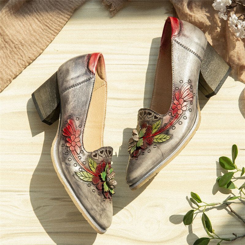 Socofy Retro Splicing Floral Leather Slip On Block Heel Pumps Chaussures Habillées