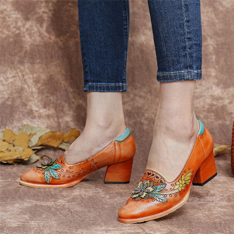 Socofy Retro Splicing Floral Leather Slip On Block Heel Pumps Chaussures Habillées