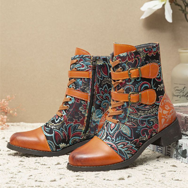 Socofy Retro Stitching Magnifiques Fleurs Tissu Boucle En Métal Bottes Courtes À Lacets Chauds