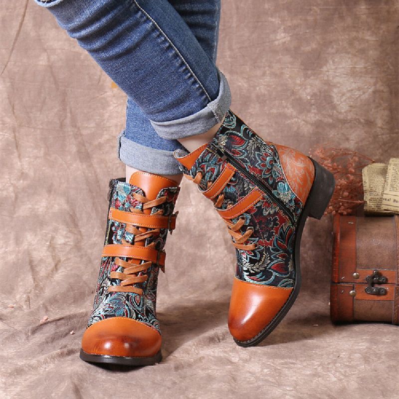 Socofy Retro Stitching Magnifiques Fleurs Tissu Boucle En Métal Bottes Courtes À Lacets Chauds