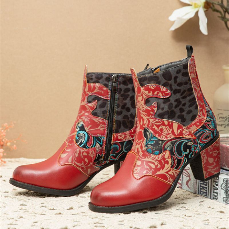 Socofy Retro Stitching Pattern Cloth Comfy Side Zipper Chunky Heel Short Boots