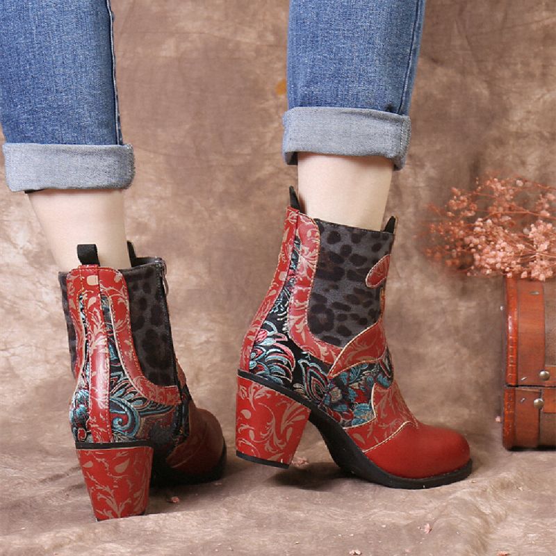 Socofy Retro Stitching Pattern Cloth Comfy Side Zipper Chunky Heel Short Boots