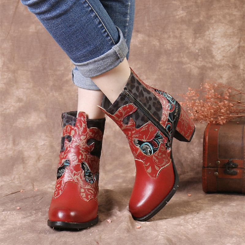 Socofy Retro Stitching Pattern Cloth Comfy Side Zipper Chunky Heel Short Boots