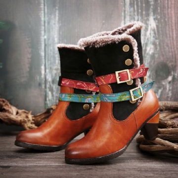 Socofy Retro Warm Cosy Fur Colorful Boucle Sangle Bottines D'hiver Élégantes