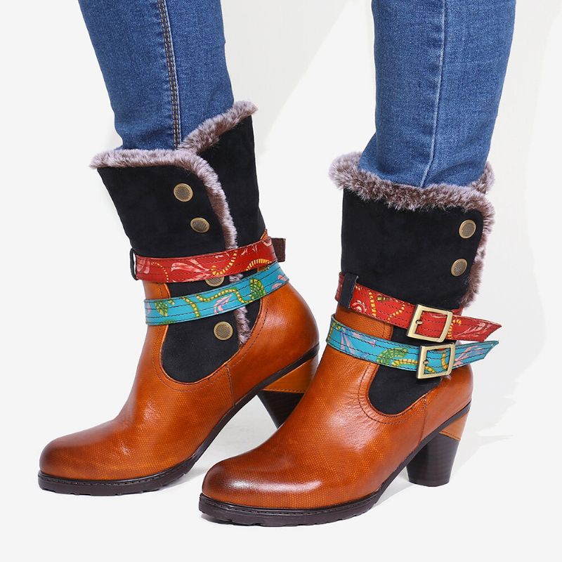 Socofy Retro Warm Cosy Fur Colorful Boucle Sangle Bottines D'hiver Élégantes