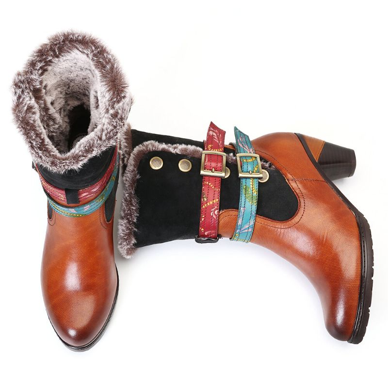 Socofy Retro Warm Cosy Fur Colorful Boucle Sangle Bottines D'hiver Élégantes