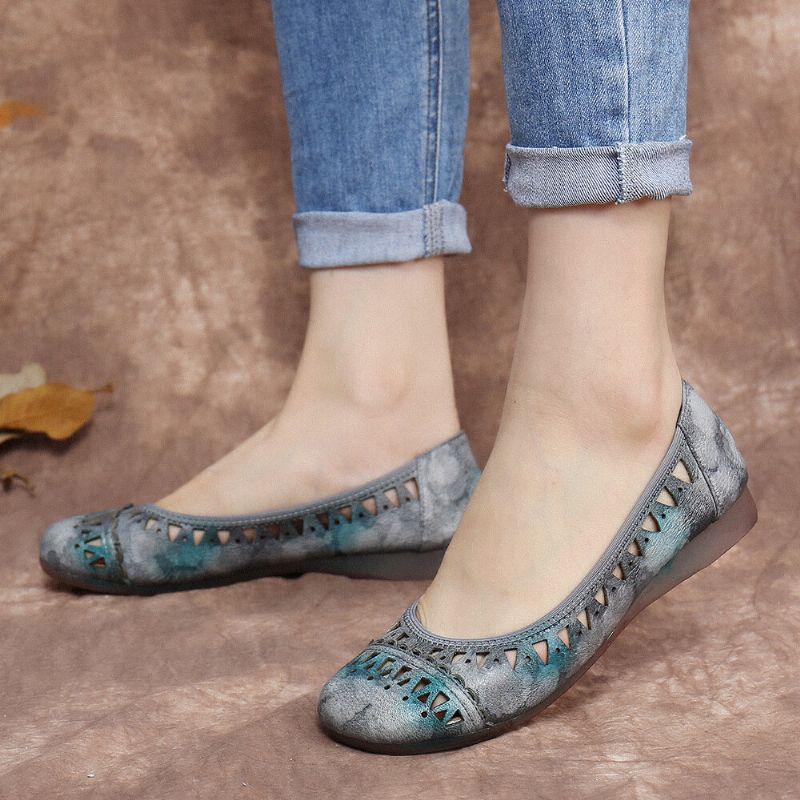 Socofy Tie-dyed Handmade Leather Cutout Comfy Soft Sole Slip On Flat Shoes