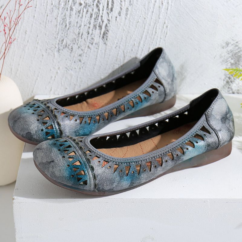 Socofy Tie-dyed Handmade Leather Cutout Comfy Soft Sole Slip On Flat Shoes