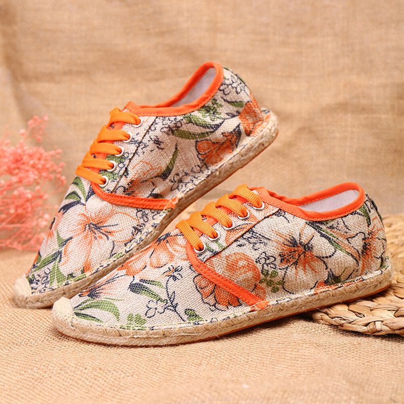 Socofy Tissu De Lin Imprimé Floral Confortable Respirant Portable À Lacets Chaussures D'espadrille Décontractées