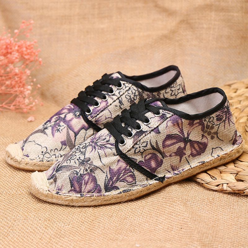 Socofy Tissu De Lin Imprimé Floral Confortable Respirant Portable À Lacets Chaussures D'espadrille Décontractées