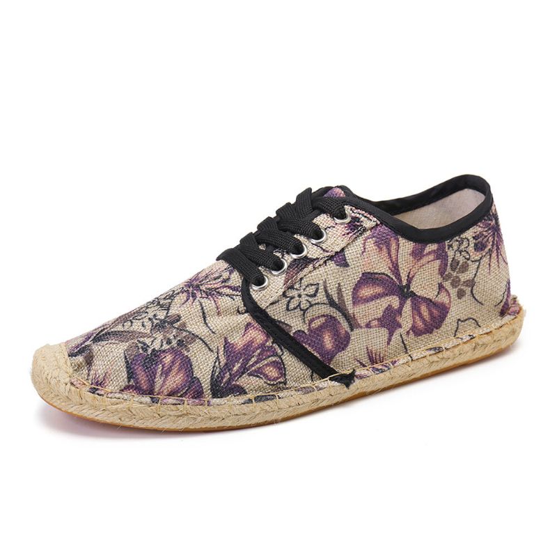 Socofy Tissu De Lin Imprimé Floral Confortable Respirant Portable À Lacets Chaussures D'espadrille Décontractées