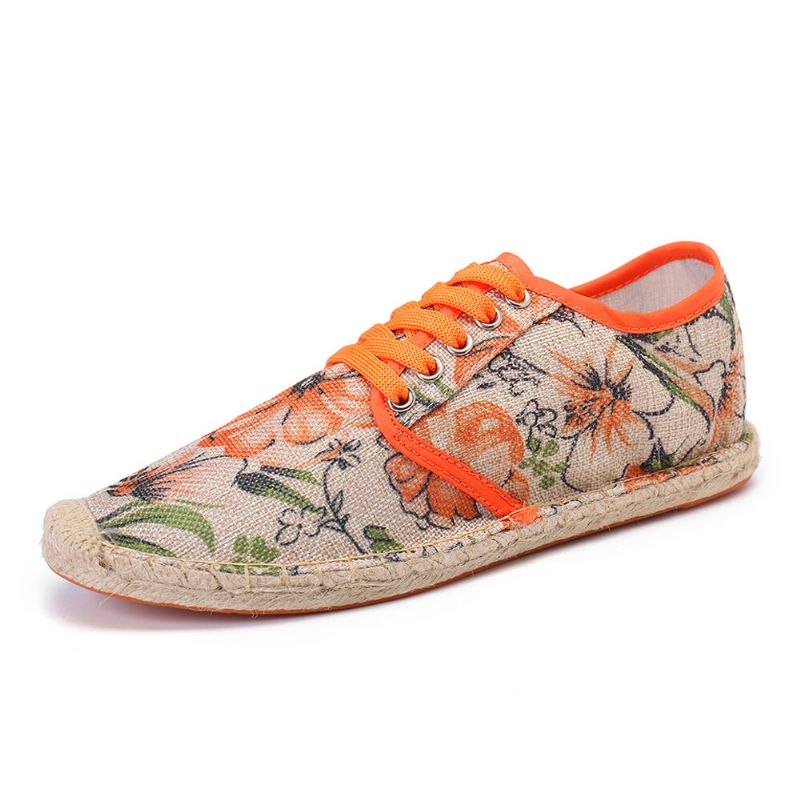 Socofy Tissu De Lin Imprimé Floral Confortable Respirant Portable À Lacets Chaussures D'espadrille Décontractées