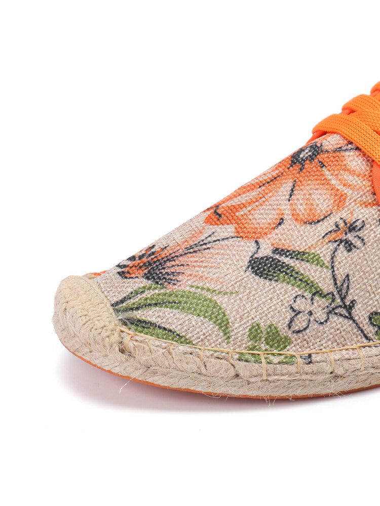 Socofy Tissu De Lin Imprimé Floral Confortable Respirant Portable À Lacets Chaussures D'espadrille Décontractées