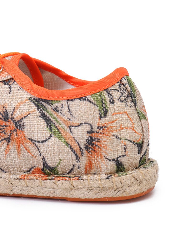 Socofy Tissu De Lin Imprimé Floral Confortable Respirant Portable À Lacets Chaussures D'espadrille Décontractées