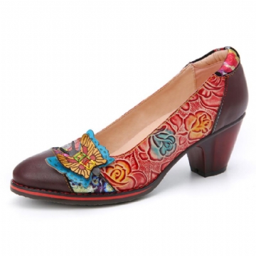 Socofy Vintage Butterfly Embossed Floral Leather Splicing Stitching Slip-on Chunky Heel Pumps