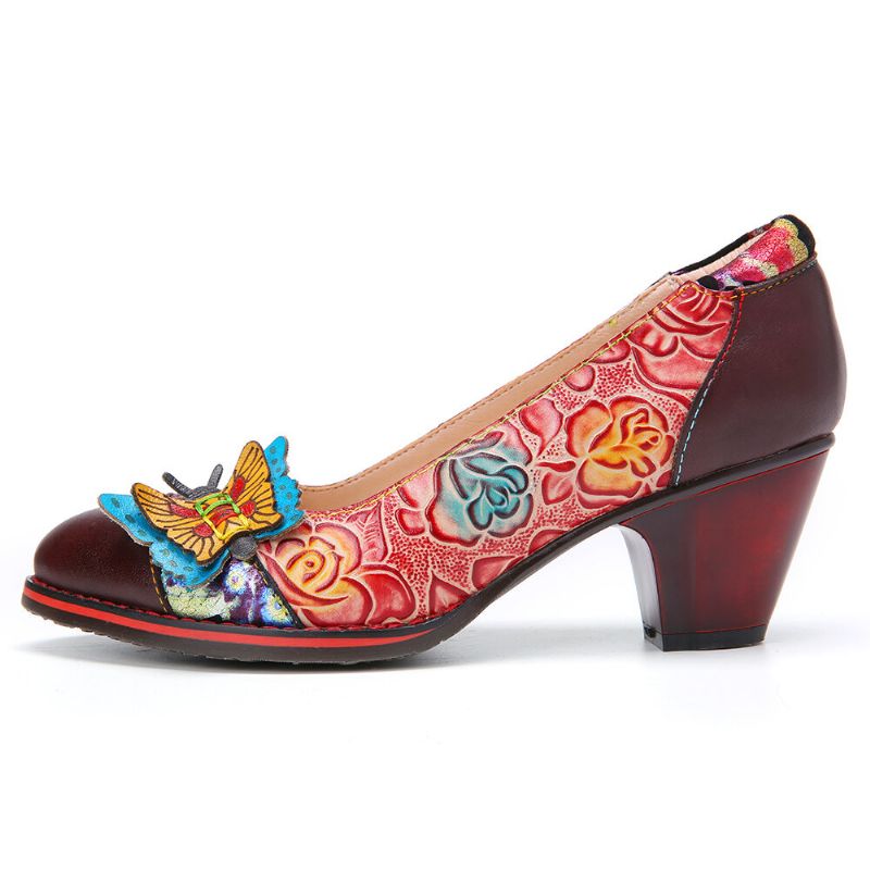 Socofy Vintage Butterfly Embossed Floral Leather Splicing Stitching Slip-on Chunky Heel Pumps