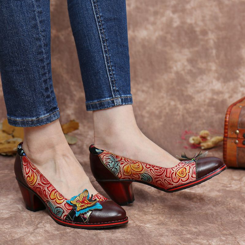 Socofy Vintage Butterfly Embossed Floral Leather Splicing Stitching Slip-on Chunky Heel Pumps