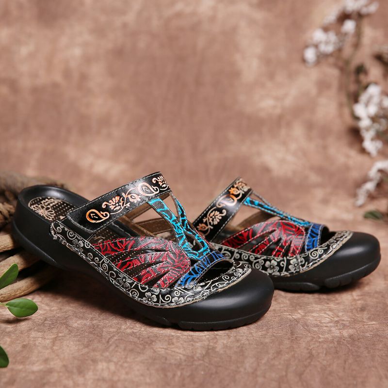 Socofy Vintage Cuir Floral Découpe Sangle Réglable Slip On Mules Sabots Plat Diapositives Sandales