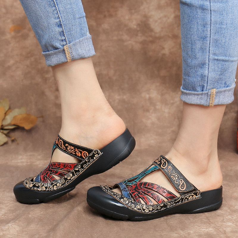 Socofy Vintage Cuir Floral Découpe Sangle Réglable Slip On Mules Sabots Plat Diapositives Sandales