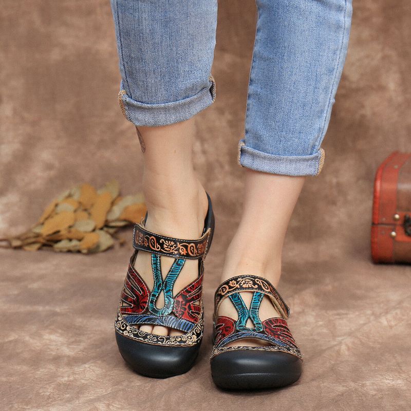 Socofy Vintage Cuir Floral Découpe Sangle Réglable Slip On Mules Sabots Plat Diapositives Sandales