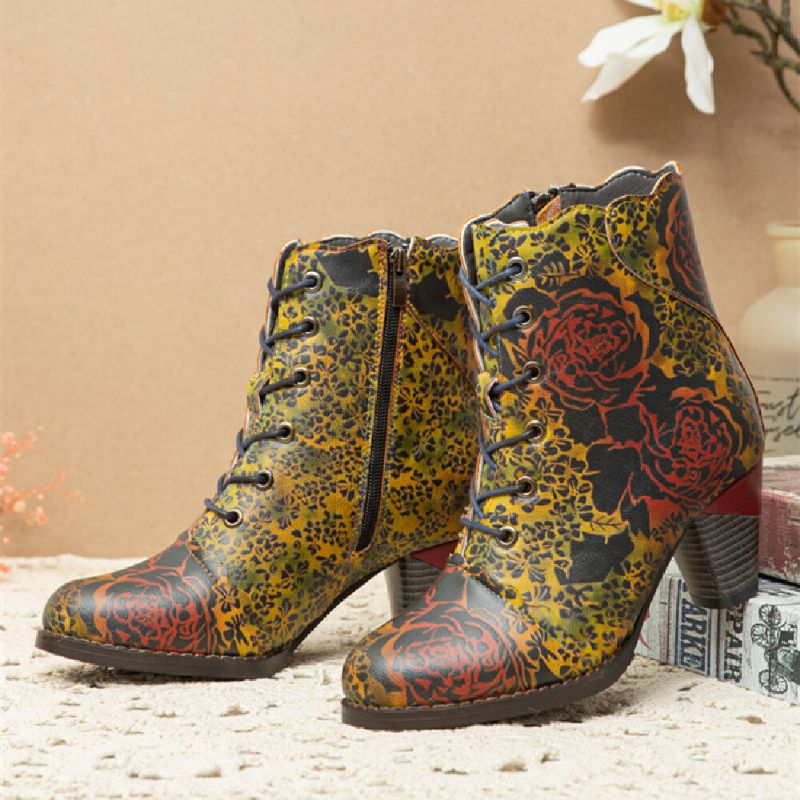 Socofy Vintage Flowers Imprimé Confortable Chaud Doublé Zipper Chunky Heel Short Boots