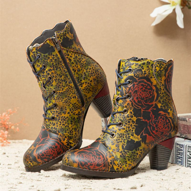 Socofy Vintage Flowers Imprimé Confortable Chaud Doublé Zipper Chunky Heel Short Boots