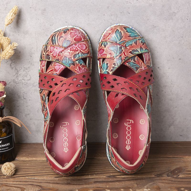 Socofy Vintage Handmade Leather Embossed Floral Cutouts Cross Strap Slip On Flat Shoes