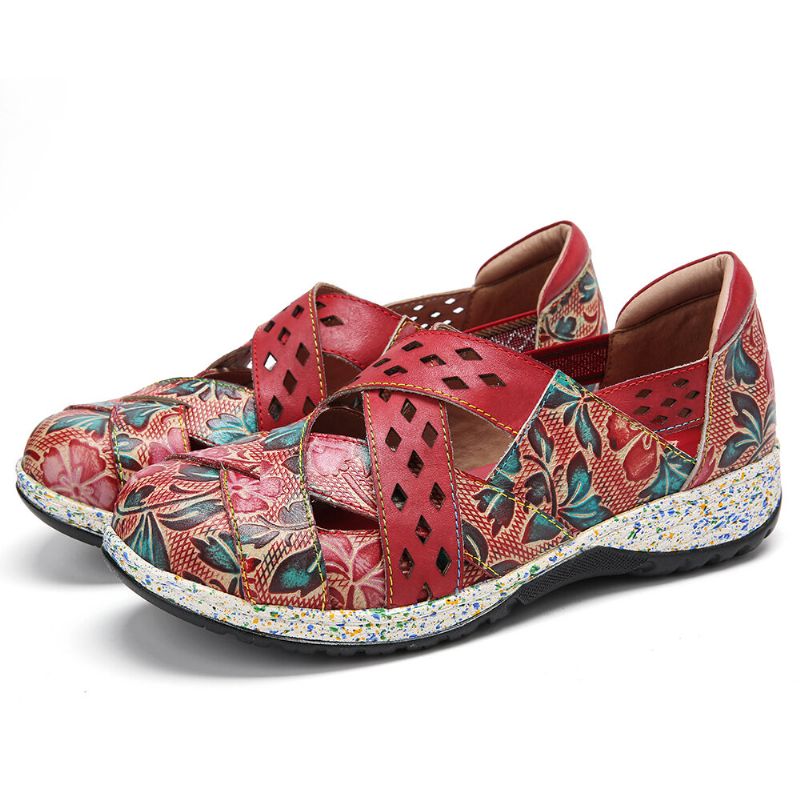 Socofy Vintage Handmade Leather Embossed Floral Cutouts Cross Strap Slip On Flat Shoes