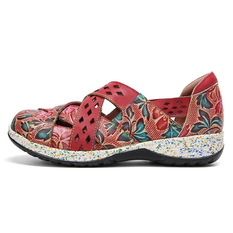 Socofy Vintage Handmade Leather Embossed Floral Cutouts Cross Strap Slip On Flat Shoes