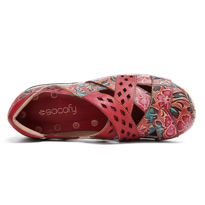 Socofy Vintage Handmade Leather Embossed Floral Cutouts Cross Strap Slip On Flat Shoes