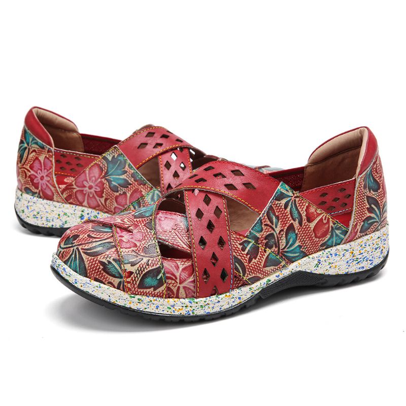 Socofy Vintage Handmade Leather Embossed Floral Cutouts Cross Strap Slip On Flat Shoes