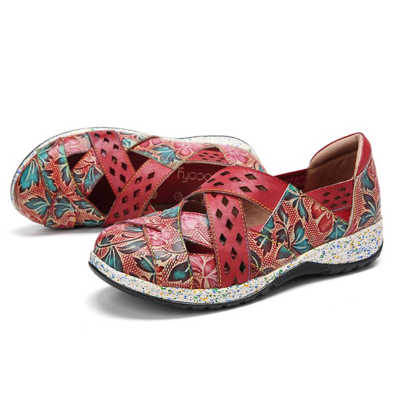 Socofy Vintage Handmade Leather Embossed Floral Cutouts Cross Strap Slip On Flat Shoes