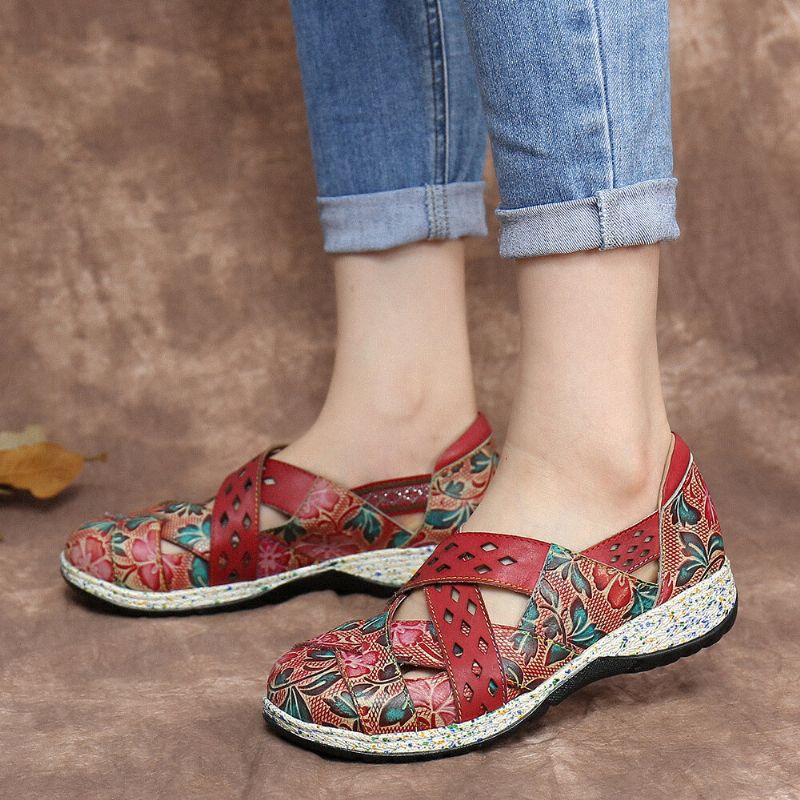 Socofy Vintage Handmade Leather Embossed Floral Cutouts Cross Strap Slip On Flat Shoes