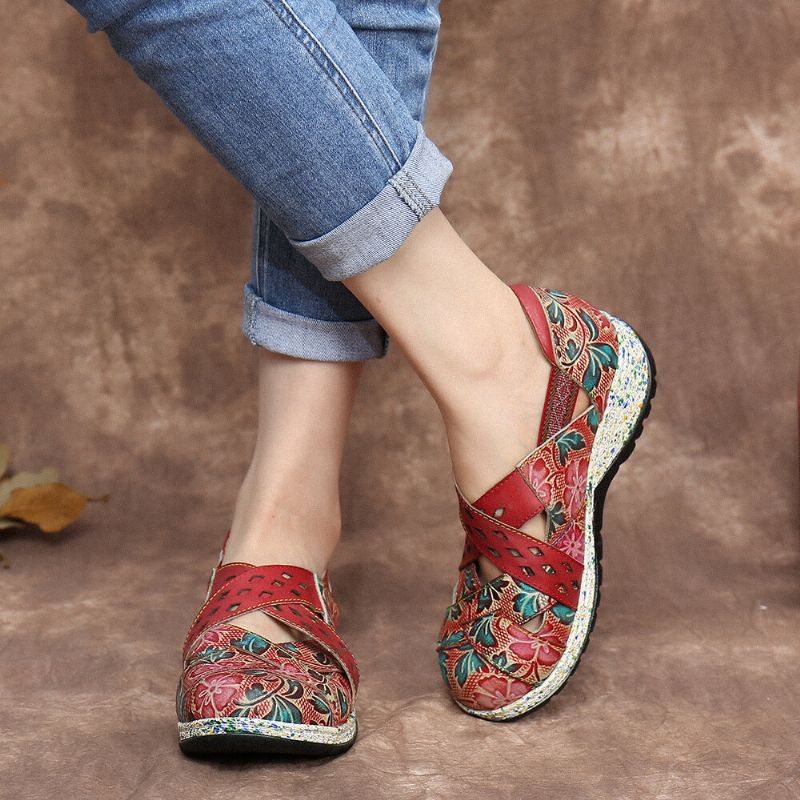 Socofy Vintage Handmade Leather Embossed Floral Cutouts Cross Strap Slip On Flat Shoes