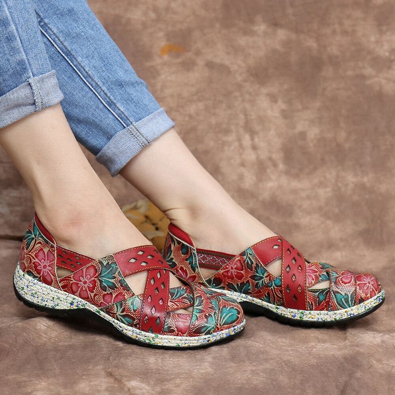 Socofy Vintage Handmade Leather Embossed Floral Cutouts Cross Strap Slip On Flat Shoes