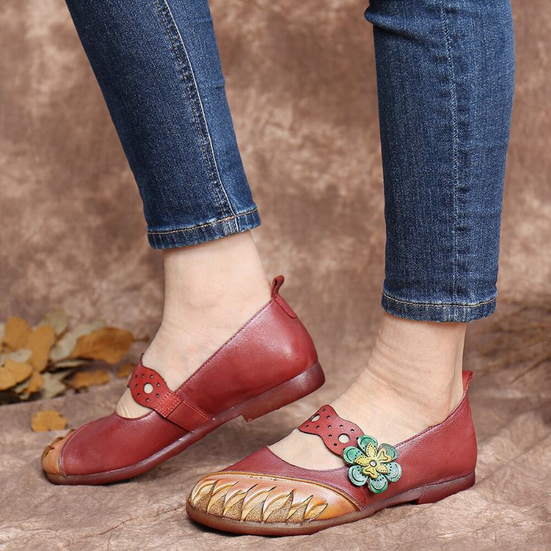 Socofy Vintage Handmade Soft Leather Floral Hook Loop Strap Slip On Flat Shoes