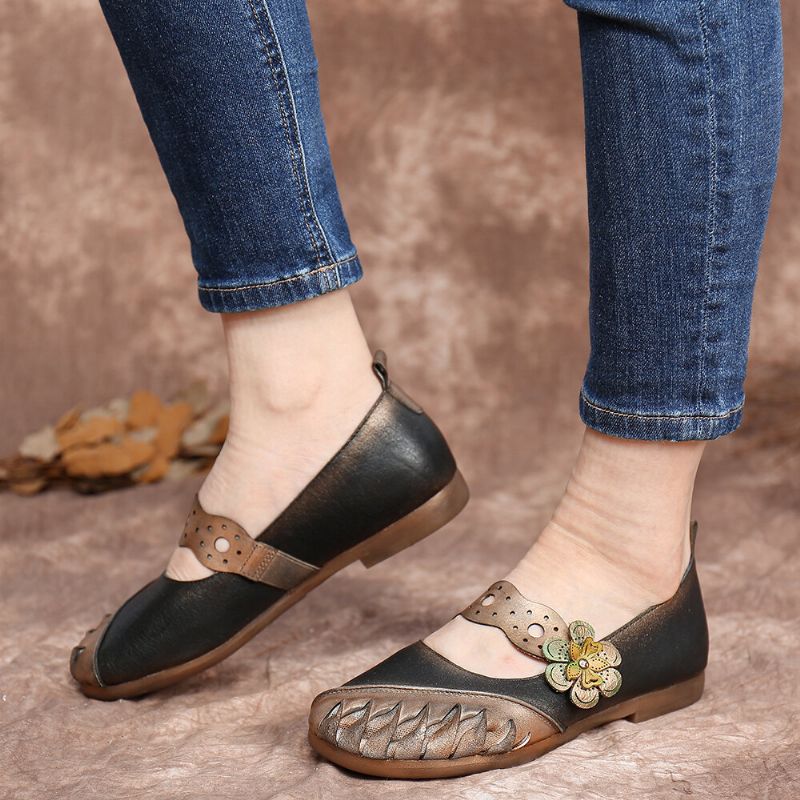 Socofy Vintage Handmade Soft Leather Floral Hook Loop Strap Slip On Flat Shoes