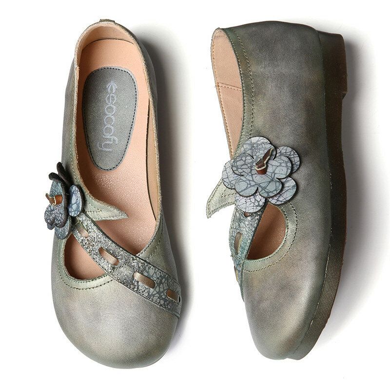 Socofy Vintage Handmade Soft Leather Strap Floral Slip On Flat Shoes