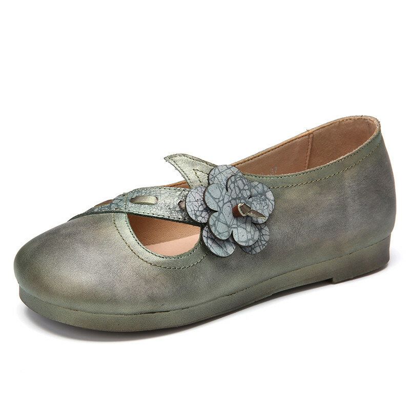 Socofy Vintage Handmade Soft Leather Strap Floral Slip On Flat Shoes