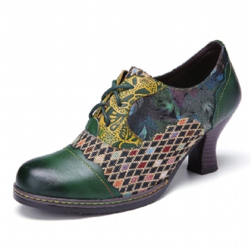 Socofy Vintage Leather Floral Plaid Splicing Lace-up Green Chunky Heel Pumps