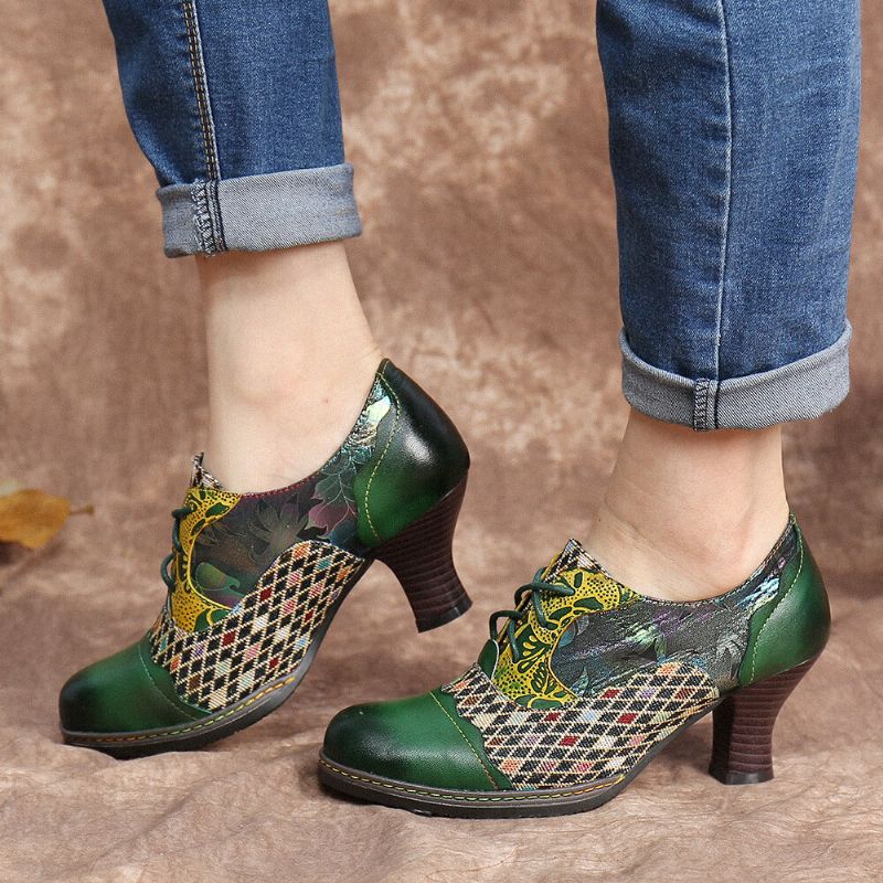 Socofy Vintage Leather Floral Plaid Splicing Lace-up Green Chunky Heel Pumps