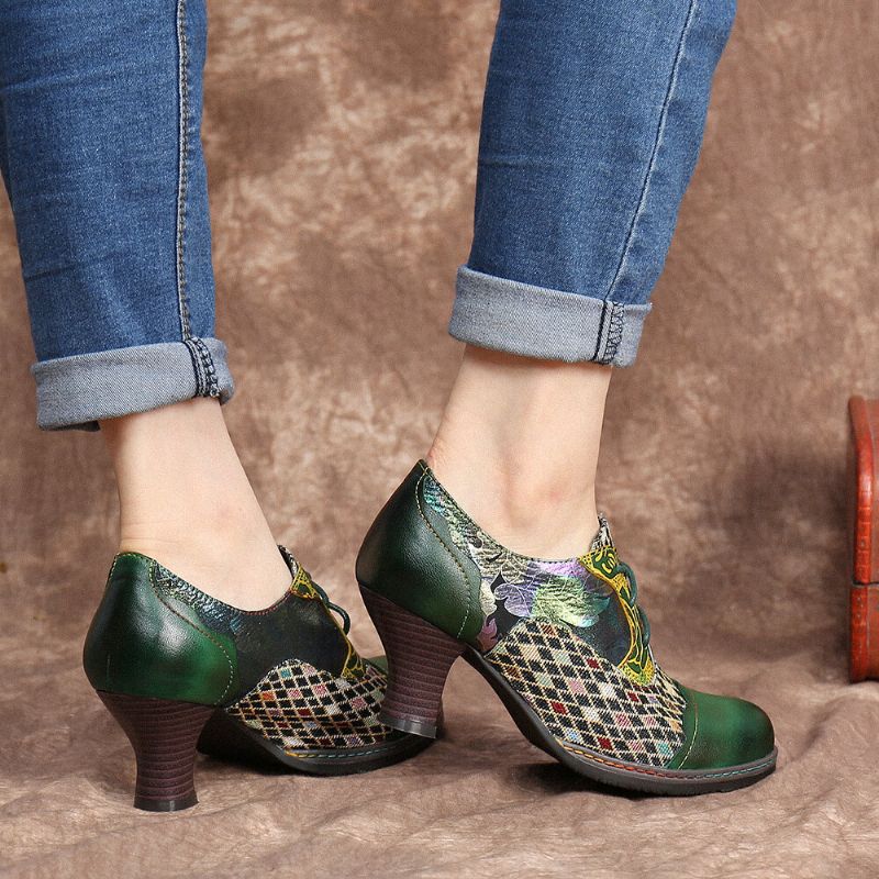 Socofy Vintage Leather Floral Plaid Splicing Lace-up Green Chunky Heel Pumps