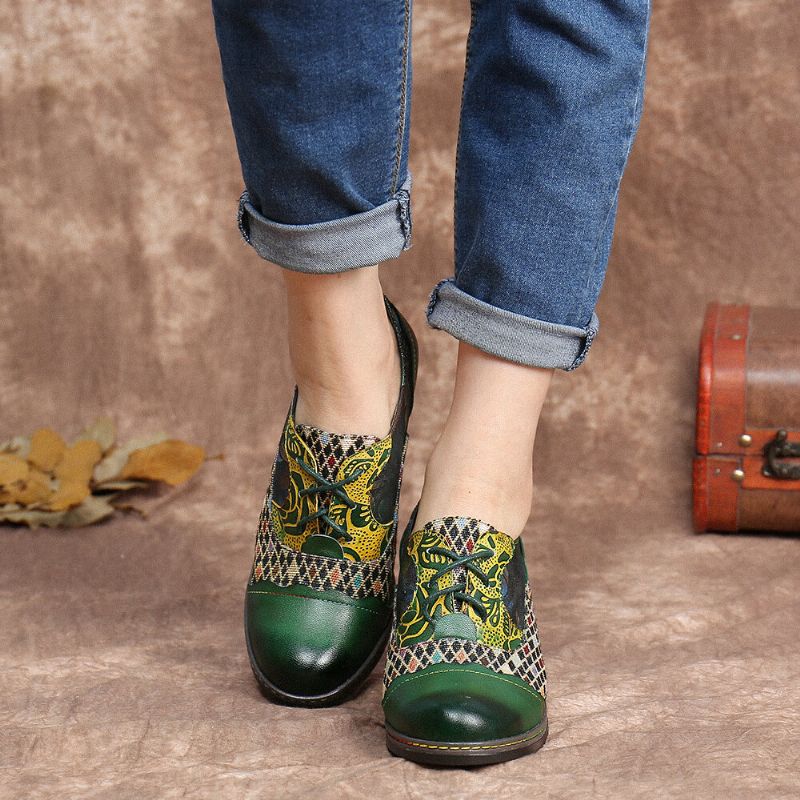 Socofy Vintage Leather Floral Plaid Splicing Lace-up Green Chunky Heel Pumps