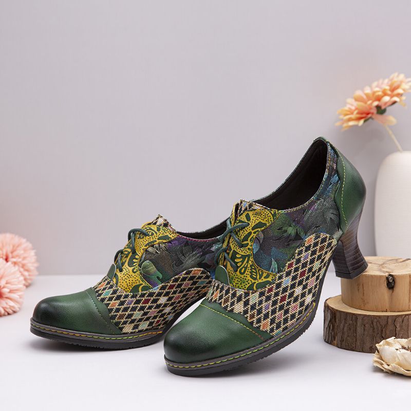 Socofy Vintage Leather Floral Plaid Splicing Lace-up Green Chunky Heel Pumps