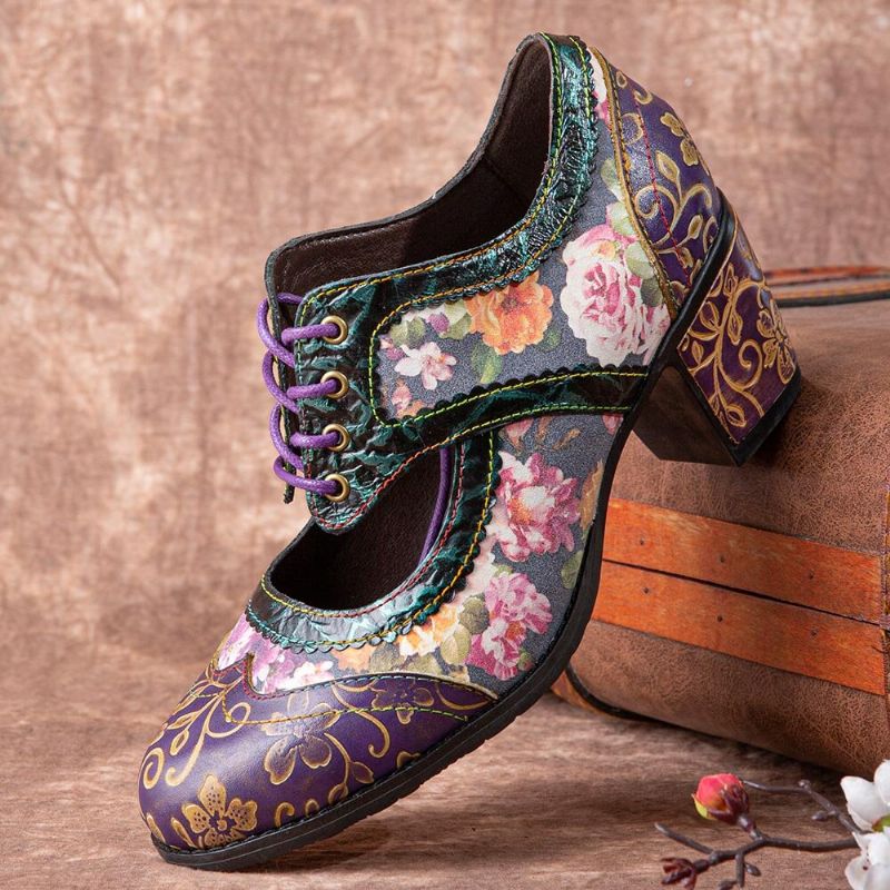 Socofy Women Retro Floral Printing Leather Hollow Out Soft Comfy Sculpted Chunky Heels