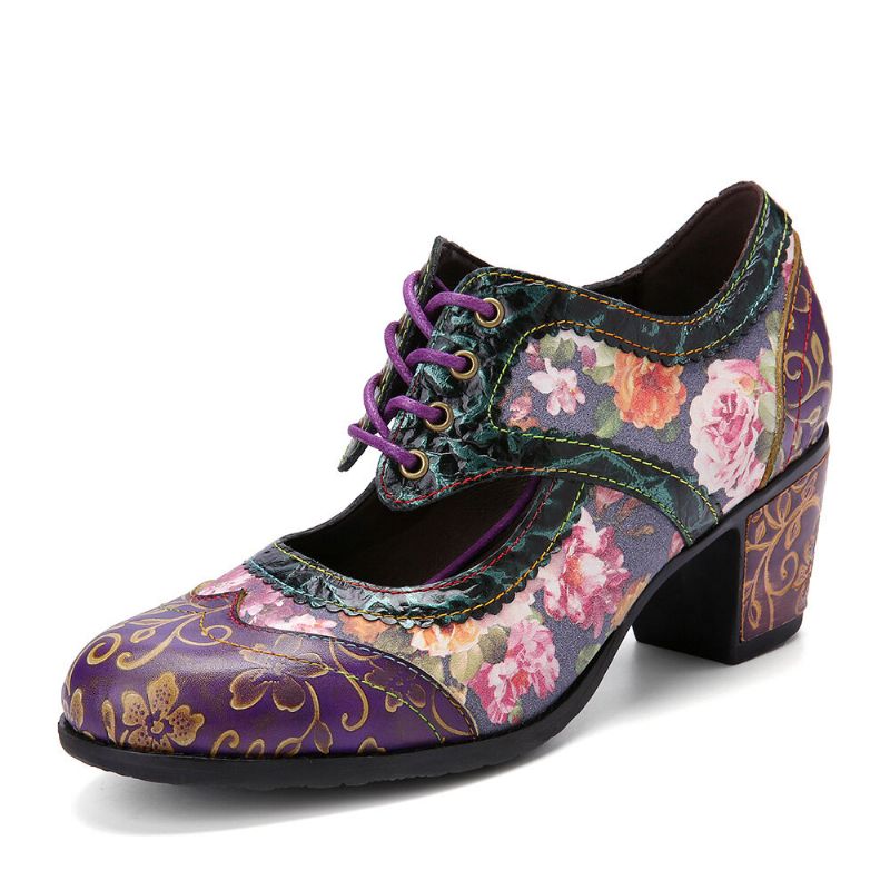 Socofy Women Retro Floral Printing Leather Hollow Out Soft Comfy Sculpted Chunky Heels