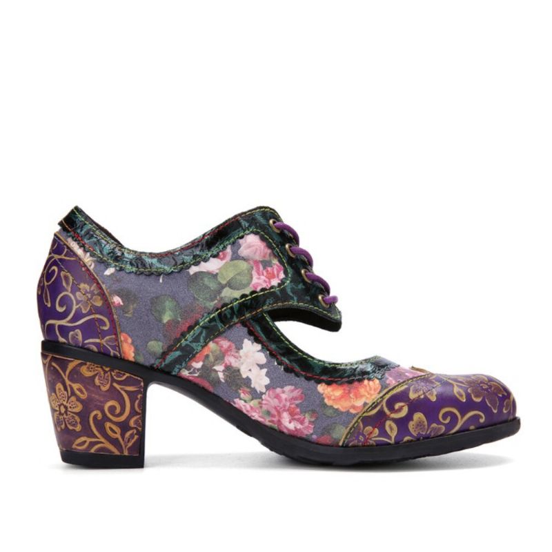 Socofy Women Retro Floral Printing Leather Hollow Out Soft Comfy Sculpted Chunky Heels