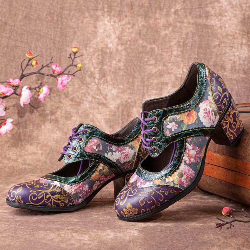 Socofy Women Retro Floral Printing Leather Hollow Out Soft Comfy Sculpted Chunky Heels