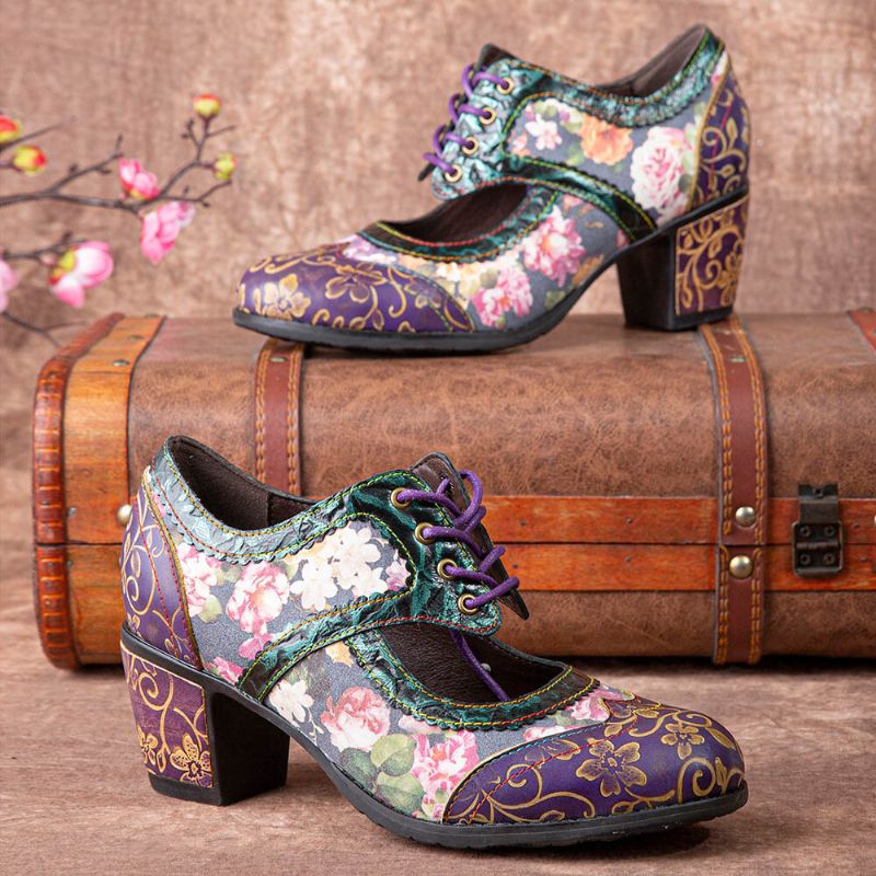 Socofy Women Retro Floral Printing Leather Hollow Out Soft Comfy Sculpted Chunky Heels